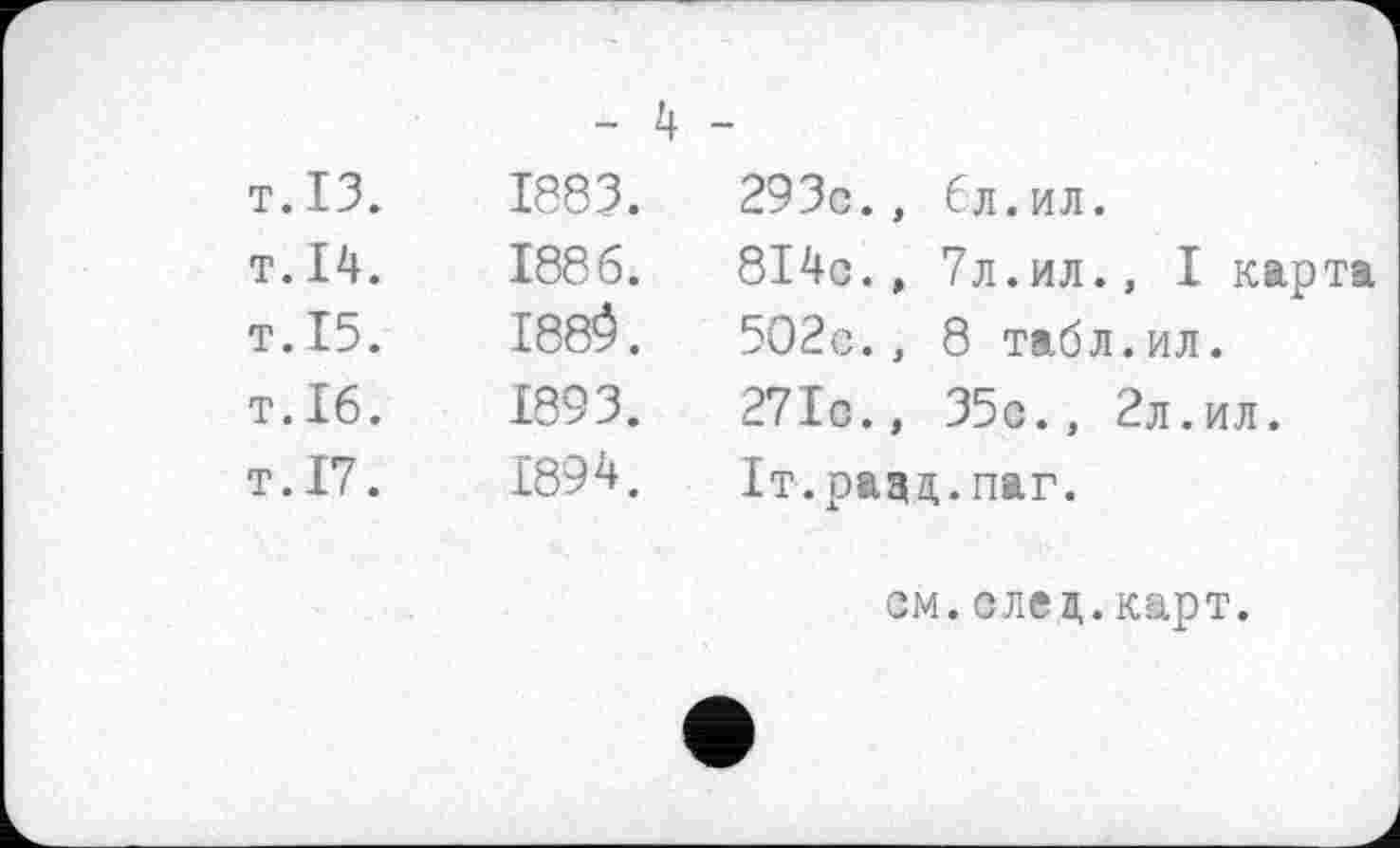 ﻿- 4 -		
т.ІЗ.	1883.	293c., бл.ил.
т.14.	1886.	8I4c.» 7л.ил., I карта
т. 15.	188$.	502с., 8 табл.ил.
т.16.	1893.	271с., 35с., 2л.ил.
T.17.	1894.	1т.разд,паг.
см. след. карт.